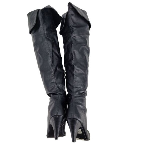 Vintage 90s Vegan Faux Leather Knee High‎ Boots 7 Black Cuffed Heeled Pirate - Picture 9 of 9